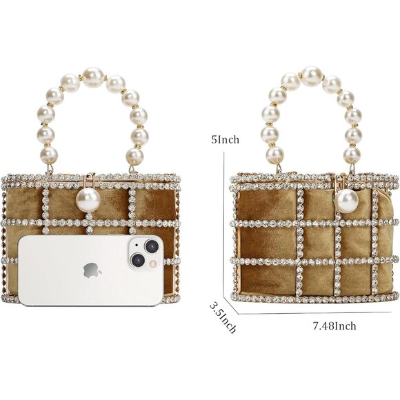 ⚡Women's Gold Detachable Pearl Diamond Chain Soft Velvet Shoulder Clutch Handbag - Picture 3 of 5